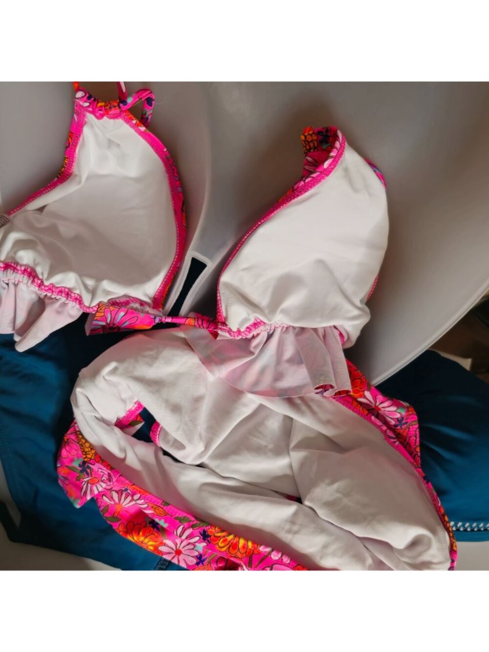 Floral Bikini Set M Pink Two Piece High Waist Ruffle Accent Adjustable Triangle - Picture 5 of 11